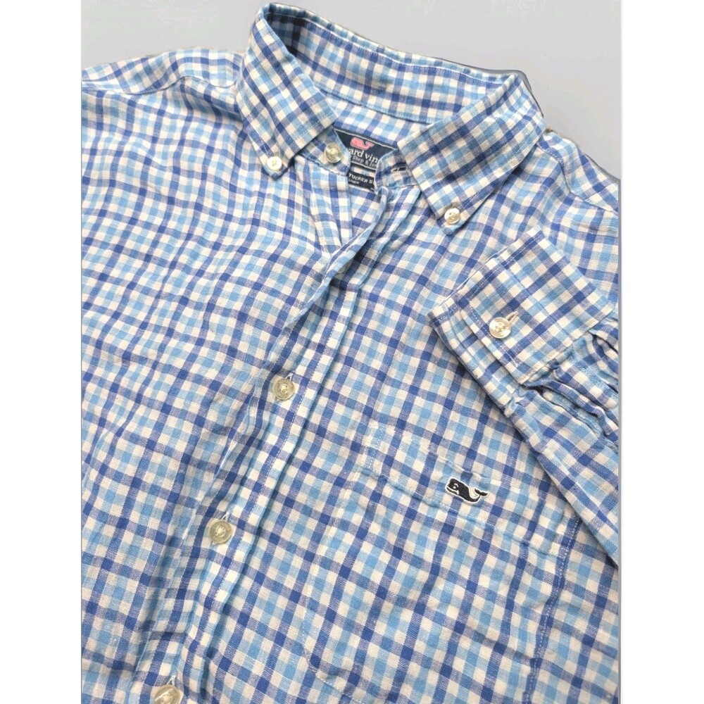 Vineyard Vines Men's Linen Classic Fit Tucker Shirt Blue Plaid Size Medium